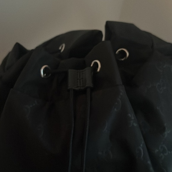 Gucci Authentic Blk GG Monogram Nylon Drawstring Backpack Leather Trim 510336 - Picture 8 of 16